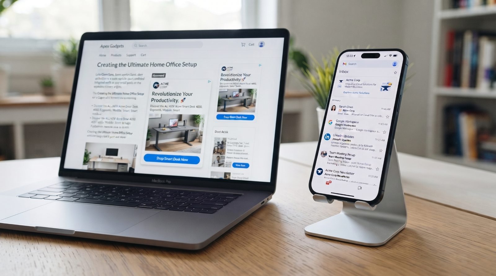 Google Ads display and Gmail sponsored placements shown on a laptop and smartphone