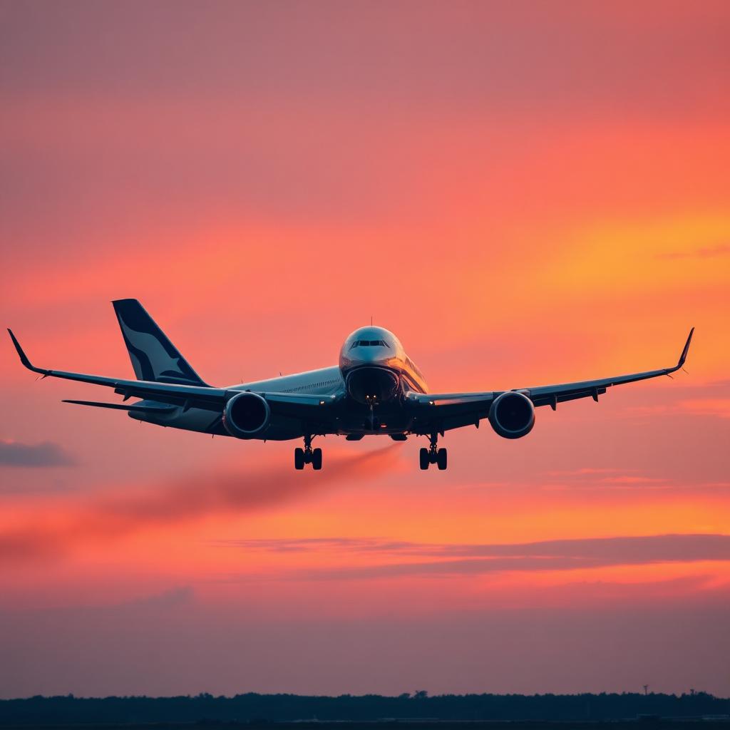 Commercial airliner taking off at sunrise