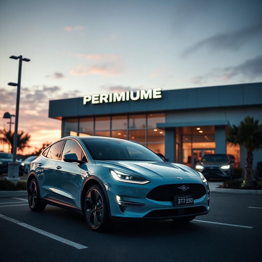 Modern electric vehicle at a premium dealership at dusk