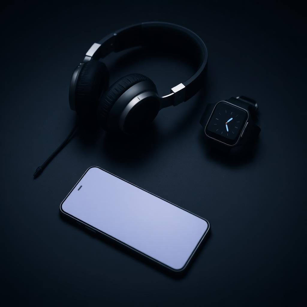 Premium consumer electronics — headphones, smartphone, and smartwatch on a dark surface