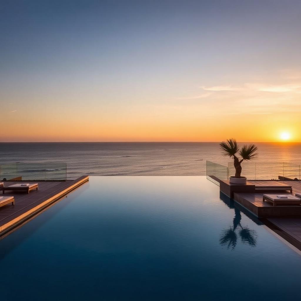 Luxury resort infinity pool overlooking the ocean at golden hour