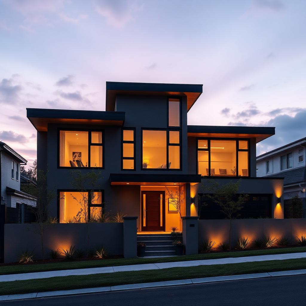 Modern residential property exterior at dusk with warm interior lighting