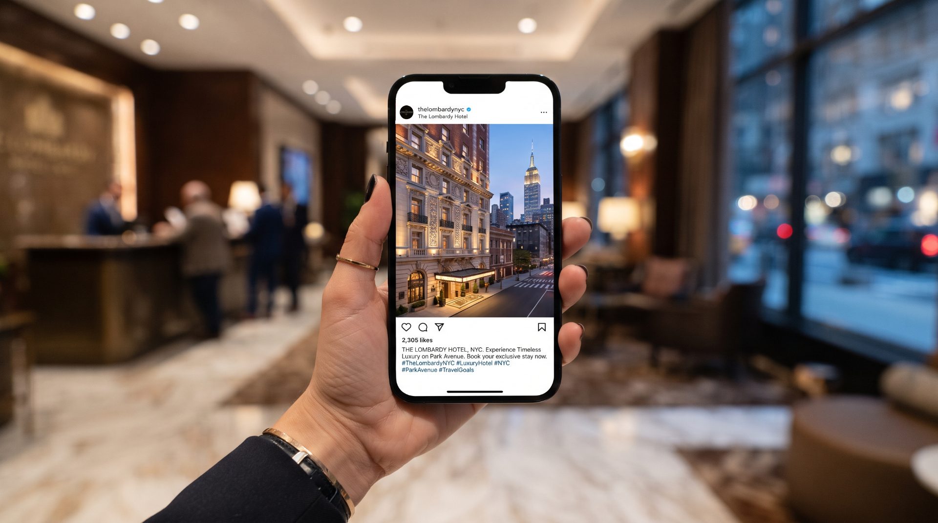 Hand holding a smartphone showing a luxury hotel Instagram ad in a hotel lobby