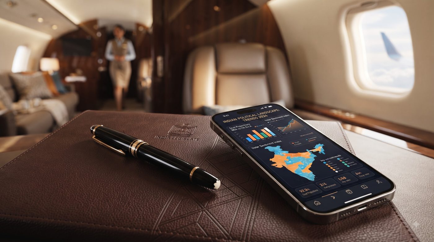 AIx Momentum political strategy brochure in a leather folder with a political analytics app on a phone
